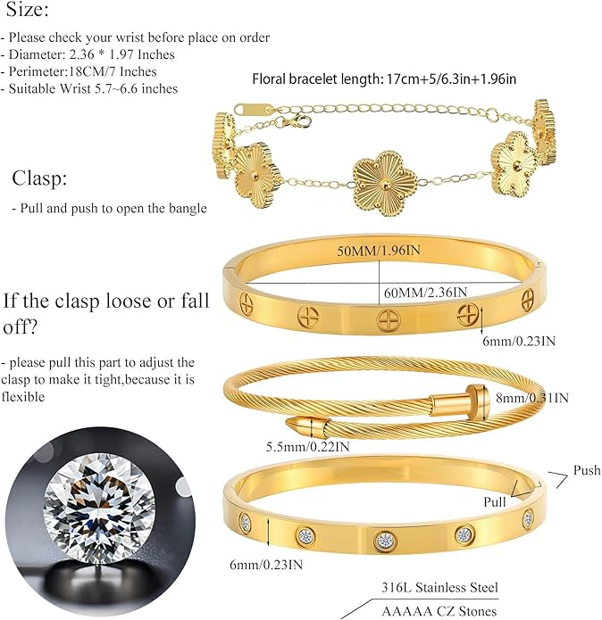Gold Bracelets for Women- 4Pcs 18K Gold Plated Stackable Floral Clover Bracelets ,Stainless Steel Bangle Non Tarnish, Gold Bracelet Set Trendy Jewelry,Christmas Valentines Birthday Gifts-Pulseras Para Mujer