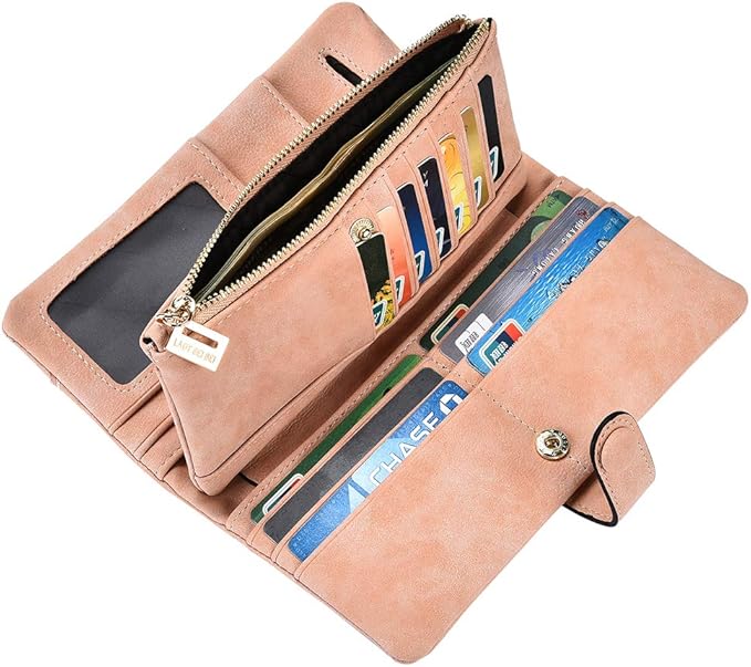 Women's Genuine Leather Bifold Clutch Wallet Large Capacity Card Organizer with Buckle Closure in Candy Colors (Pink)