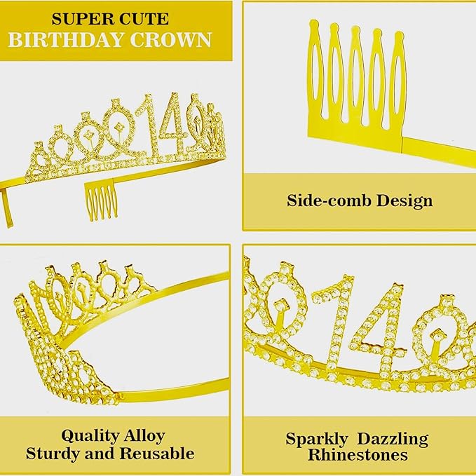 14th Birthday Decorations for Her Girls Set, Include 14th Birthday Crown and 14 Sash, 14th Birthday Cake Topper and 14 Birthday Candles, Gold 14 Balloons, Women 14th Party Supplies(Gold)