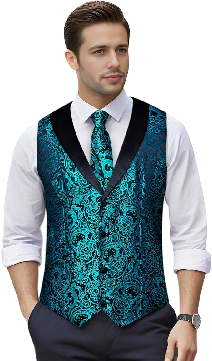 DiBanGu Mens Paisley Suit Vest Silk Jacquard Waistcoat and Necktie Set Formal Shawl Collar Dress Vest 7PCS for Wedding Party