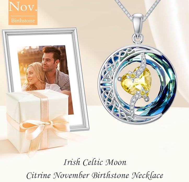 TOUPOP Birthstone Necklace 925 Sterling Silver Moon and Star Pendant with Blue Crystal Celtic Moon Jewelry Birthday Valentines Day Gifts for Women Mom Wife Her