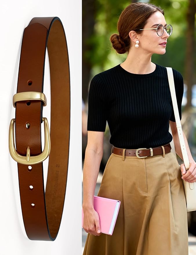 Womens Belts for Jeans 1.1" Width Ladies Belts for Dresses Full Grain Leather Gold Buckle Belt Gift Box