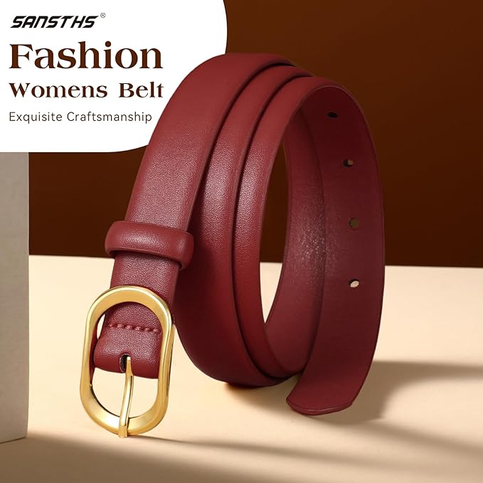 SANSTHS Women Belt for Jeans with Gold Oval Buckle, Thin Belt for Dresses Pants, Adjustable Waist Belt for Daily Fashion