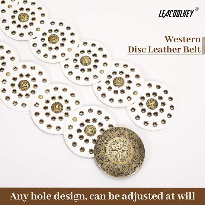 LEACOOLKEY Women's Boho Disc Belt Wide Western Leather Belt Vintage Concho Waist Belts for Dress Jeans