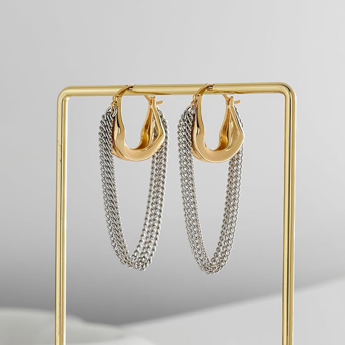 Tassel Chain Hoop Earrings for Women Trendy Two Tone Dangling Chain Earrings Hypoallergenic Fashion Jewelry Gifts
