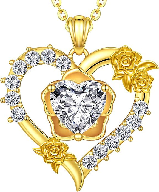Beam & Bask Rose Flower Love Heart Necklace for Wife, 2-3 Carat Moissanite Women's Pendant, Sterling Silver Plated with 18K Gold, Anniversary Birthday Wedding Jewelry for Girlfriend Soulmate Her