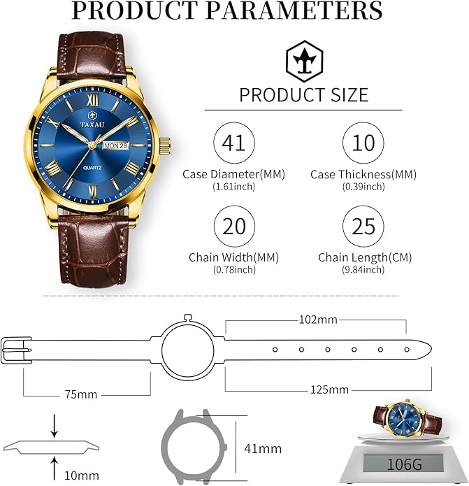 Leather Band Mens Watches with Day Date Quartz Analog Large Face Classic Watch Roman Numerals Dress Luminous Rlojes para Hombres