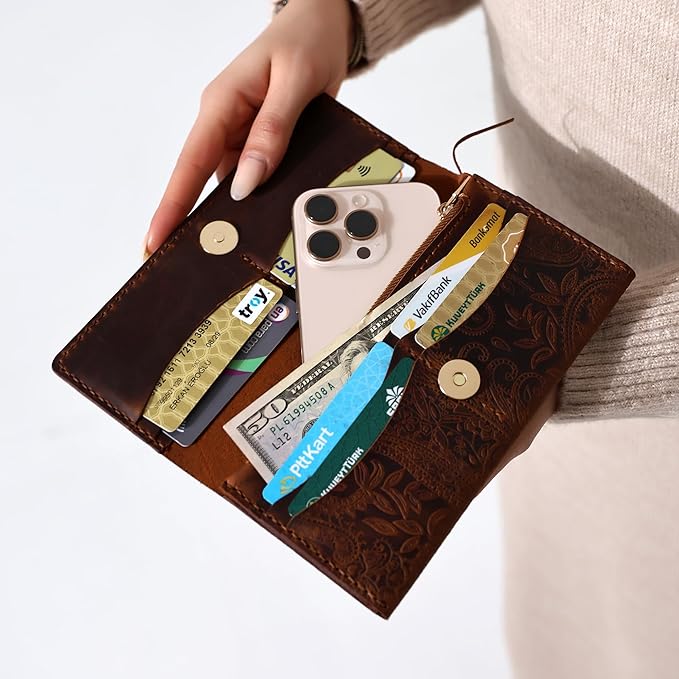 Genuine Leather Handmade Wallet for Women Large Capacity Credit Card Holder Ladies Bifold Long Clutch Handbag Slim Minimalist Western Purse with Zipper Pocket