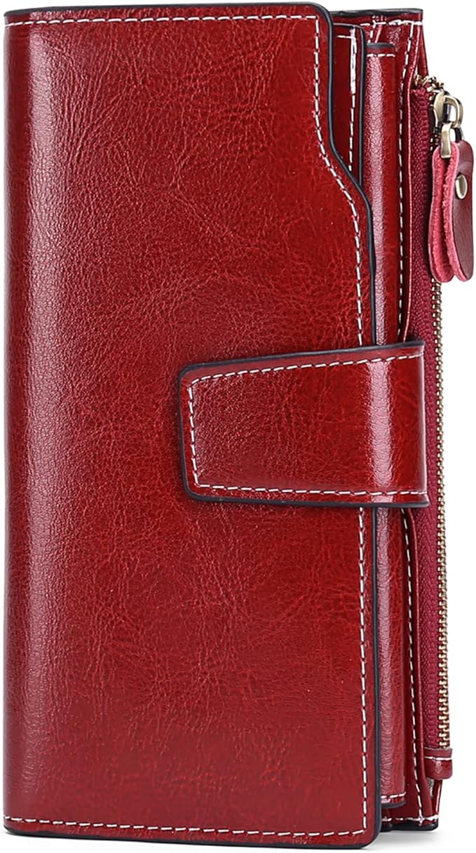 Women's Retro Long Wallet Genuine Leather RFID Blocking Large Capacity Clutch Purse in Brown (Dark Red)