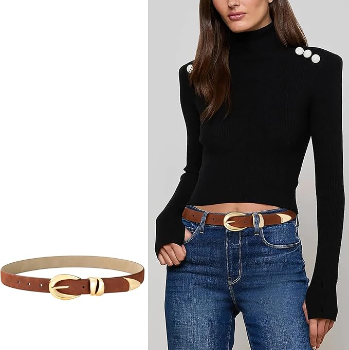 Belts for Women with Gold Buckle – Adjustable Black leather Belt for Jeans, Dress, Pants