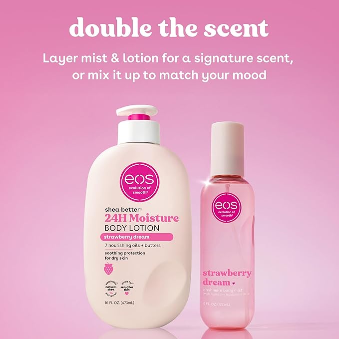 eos Cashmere Body Mist, Strawberry Dream, Body Spray for Women, Strawberry Perfume, Hair Mist, Moisturizing, Hyaluronic Acid, Glycerin, Vegan, Cruelty-free, 6 fl oz