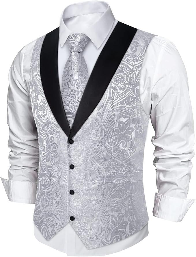 DiBanGu Mens Paisley Suit Vest Silk Jacquard Waistcoat and Necktie Set Formal Shawl Collar Dress Vest 7PCS for Wedding Party