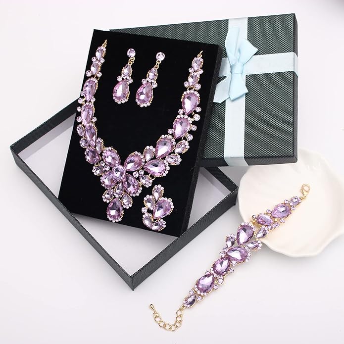 Women's Wedding Bridal Austrian Crystal Glass Teardrop Statement Necklace Dangle Earrings Bracelet Ring Wedding Party Jewelry Set for Bridal Bridesmaid