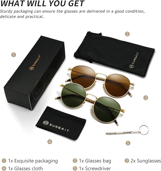 SUNGAIT Ponderable Metal Round Sunglasses for Men Women Classic Vintage Polarized Circle Sun Glasses