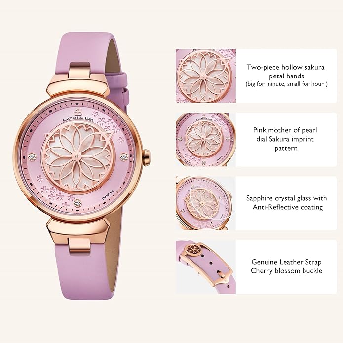 Women Watches Cherry Blossom Women's Watch Mother of Pearl Dial Ladies Watch with Leather Strap Sakura Petal Shape Cherry Blossom Watches for Women Sapphire Crystal Glass for Durability and Clarity