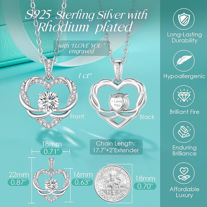 OOBEE Moissanite Heart Necklace for Women 925 Sterling Silver Fine Jewelry, Ideal Birthday Anniversary Christmas Gift for Women Wife Mom Girlfriend