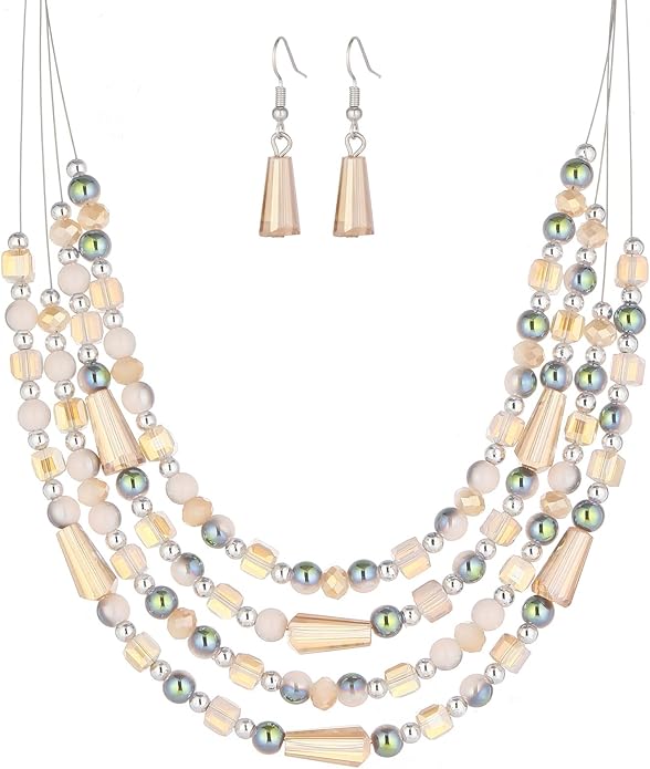 Layered Beaded Statement Necklace Multi Strand Crystal Beads Collar Necklace and Earring Sets for Women Fashion Costume Jewelry Set Gifts for Her