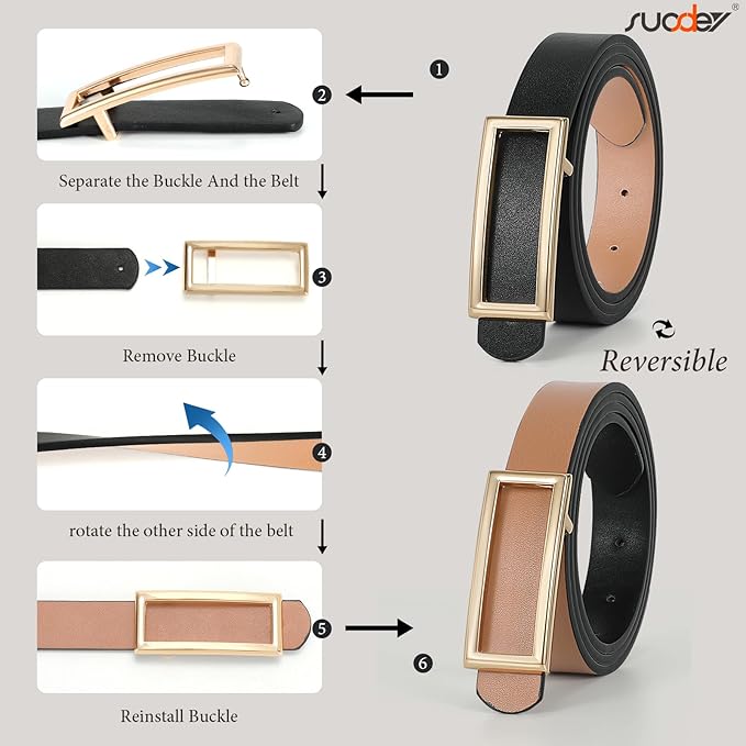 SUOSDEY Women Reversible Leather Belts for Jeans Pants Dresses Ladies Fashion Belts with Gold Buckle, 0.9" Width