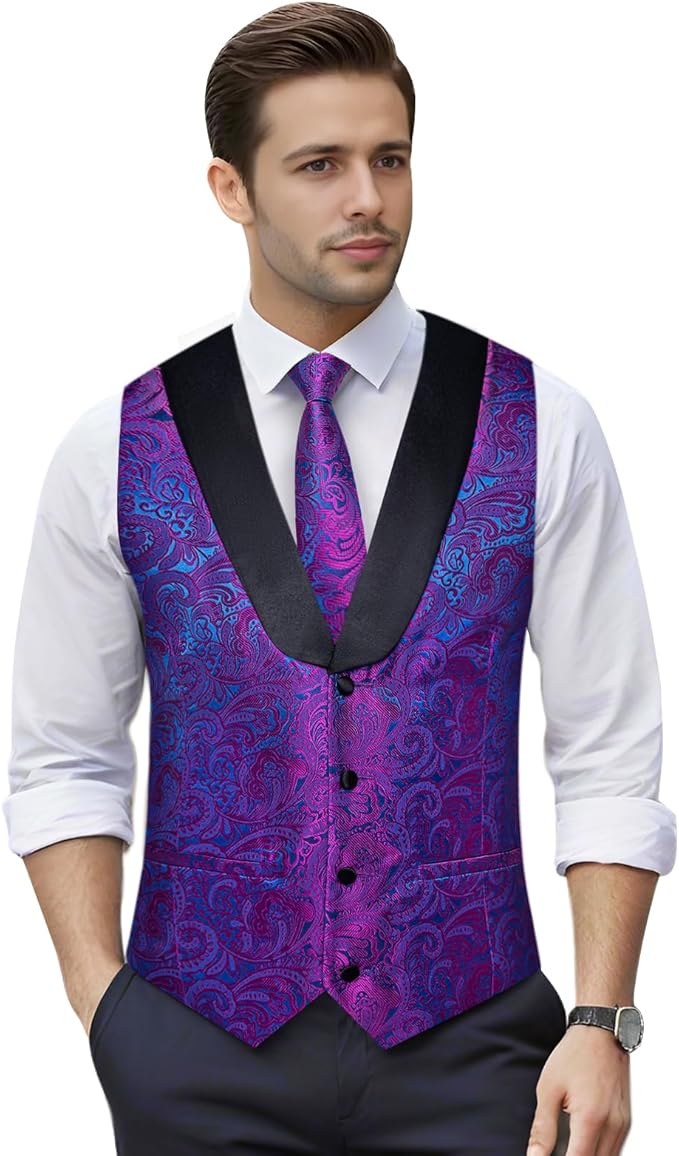 DiBanGu Mens Paisley Suit Vest Silk Jacquard Waistcoat and Necktie Set Formal Shawl Collar Dress Vest 7PCS for Wedding Party