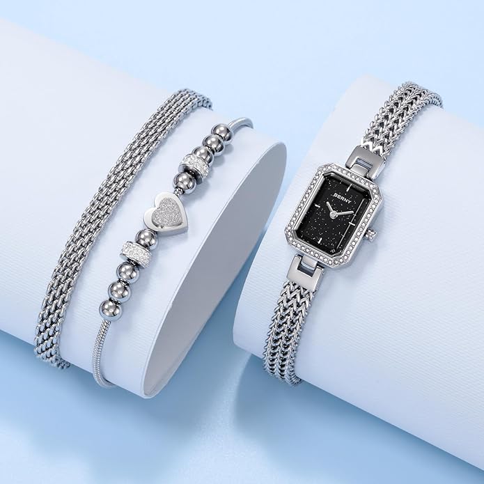 BERNY Silver Watches for Women Ladies Wrist Watch and Bracelet Set Dainty Quartz Bracelet Watch Premium Crystal Accented Fashion Luxury Birthday Present for Women