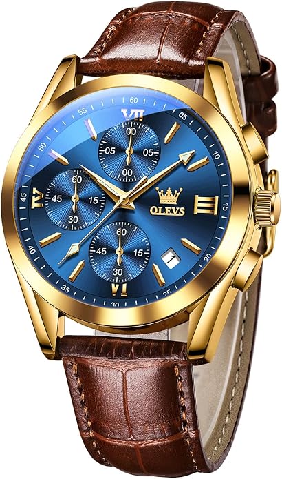 OLEVS Men's Casual Leather Watch, Big Face Chronograph Watch for Men, Fashion Easy to Read Dress Watch, Men's Waterproof Luminous Date Analog Watch, Gold/Black/White/Blue Dial