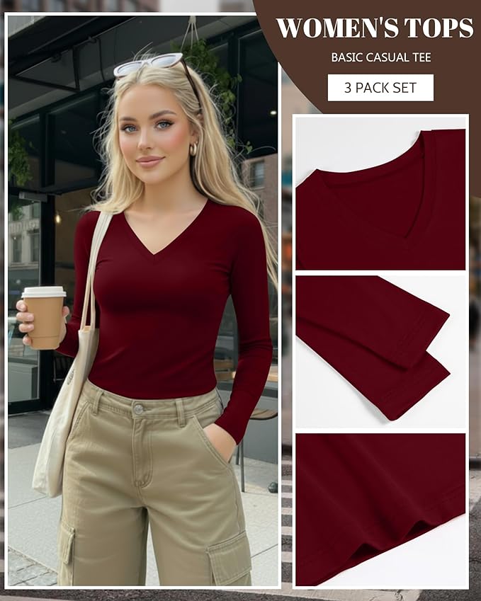 Ficerd 3 Pack Women's Long Sleeve Shirts, V Neck Basic Tees Slim Fitted Casual Fall Tops Going Out Blouses T Shirts