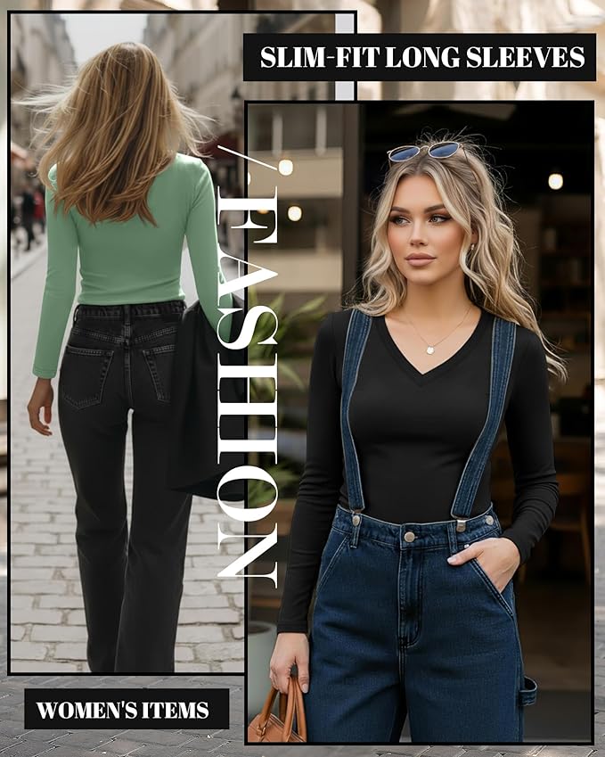 Ficerd 3 Pack Women's Long Sleeve Shirts, V Neck Basic Tees Slim Fitted Casual Fall Tops Going Out Blouses T Shirts