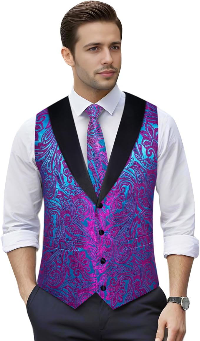 DiBanGu Mens Paisley Suit Vest Silk Jacquard Waistcoat and Necktie Set Formal Shawl Collar Dress Vest 7PCS for Wedding Party