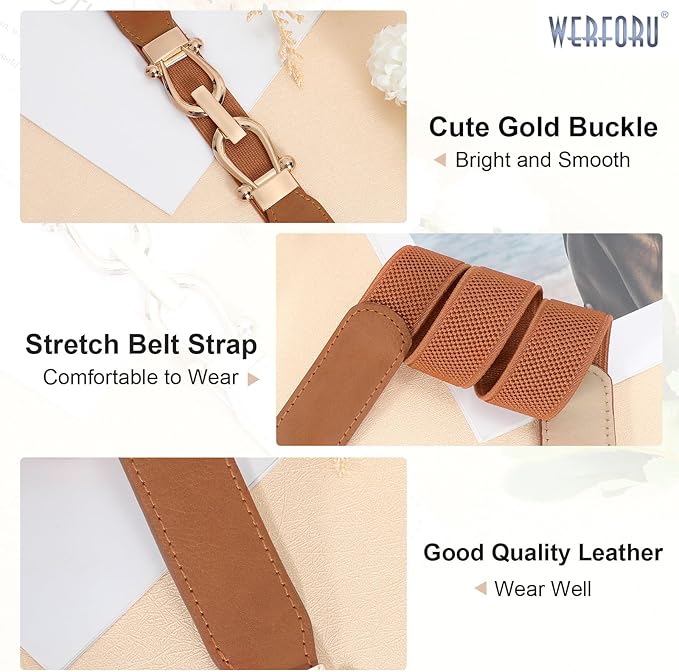 WERFORU Women Skinny Belt for Dresses Retro Stretch Waist Belt with Gold Buckle Set of 4