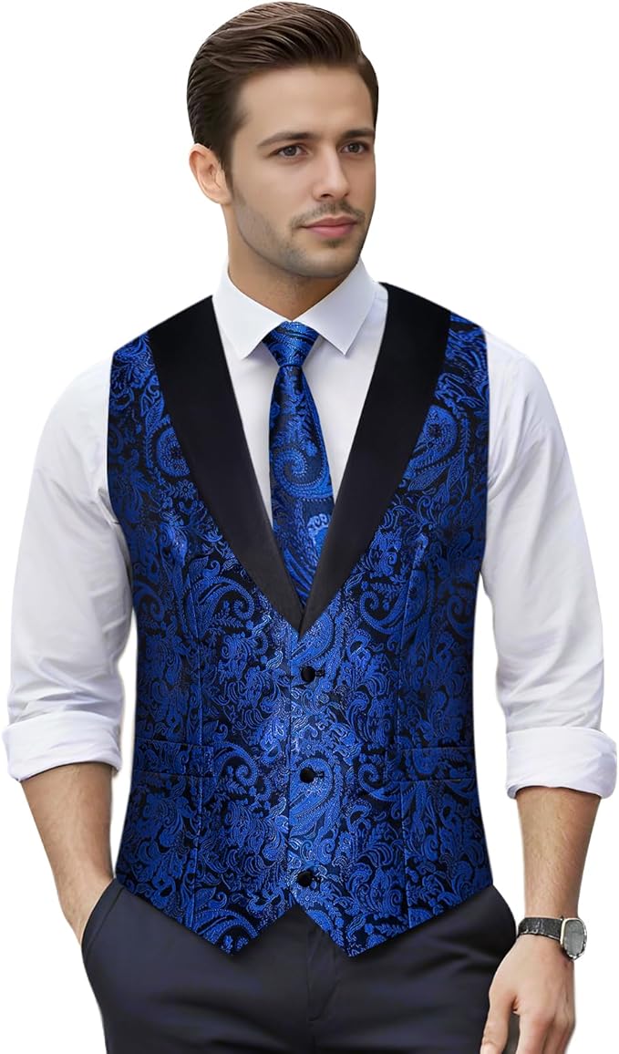 DiBanGu Mens Paisley Suit Vest Silk Jacquard Waistcoat and Necktie Set Formal Shawl Collar Dress Vest 7PCS for Wedding Party