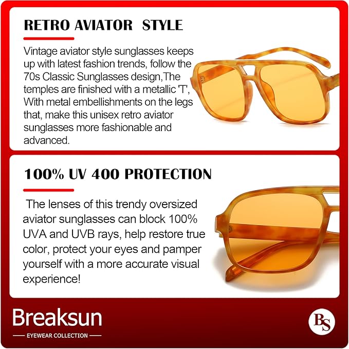 Retro Aviator Sunglasses for Women Men Trendy Classic 70s Square Aviator Sun Glasses Vintage Shades