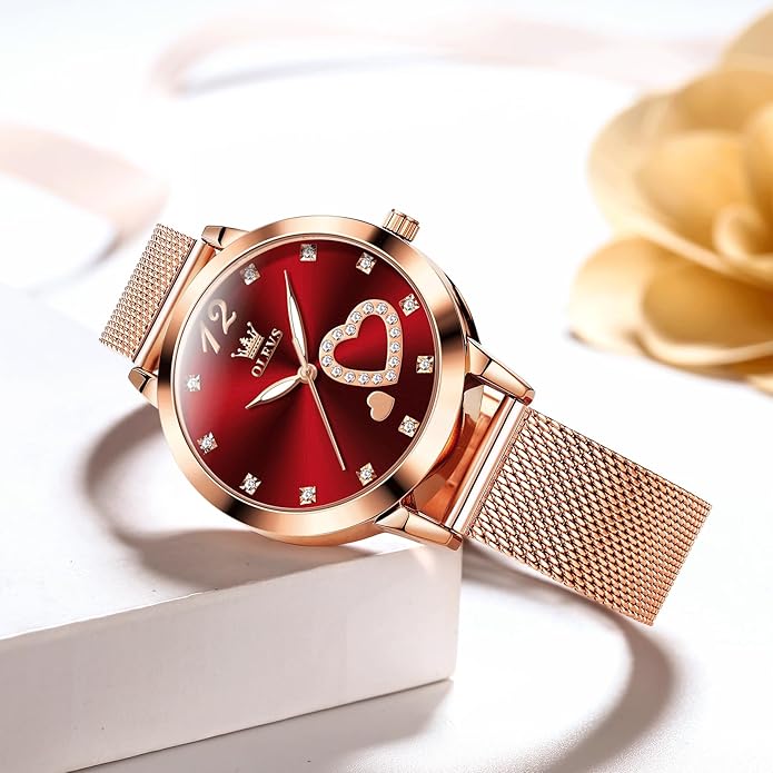 OLEVS Women's Small Wrist Rose Gold Tone Watch - Cute Diamond Heart Arabic Numerals Dial, Fashion Waterproof Mesh Bracelet Analog Dress for Ladies