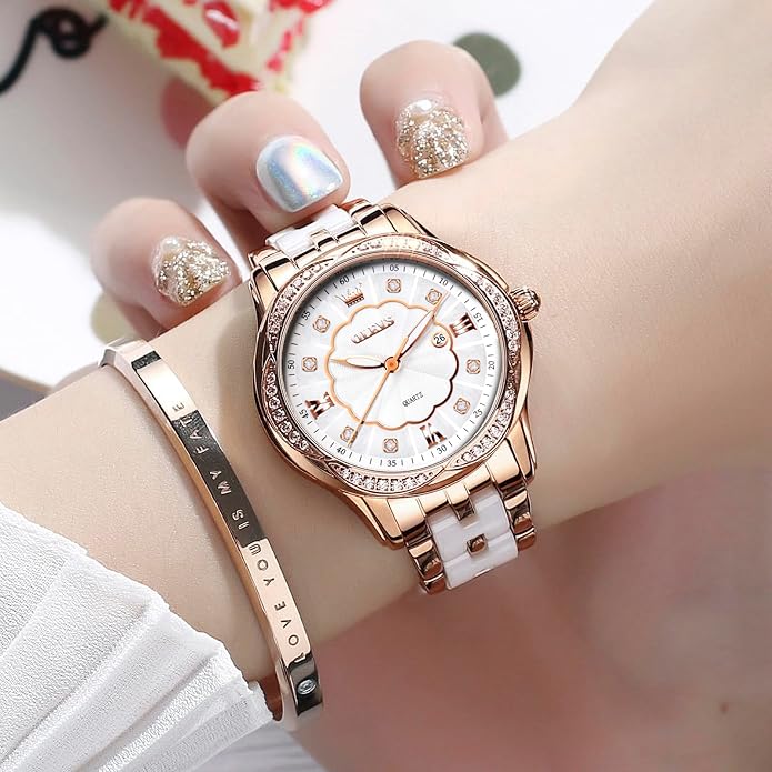 OLEVS Womens Ceramic Watch Luxury Shinning Diamond Rose Gold Watch for Women Analog Quartz Ladies Dress Watches Casual Waterproof Wrist Watches for Woman with Day Date Reloj para Mujer