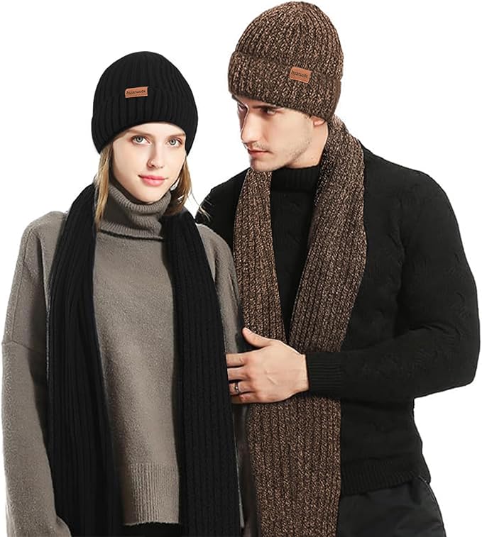 3PCS Winter Beanie Hat Scarf Touchscreen Gloves Set for Men and Women, Knitted Fleece Lined Hats Thermal Gloves Long Scarf
