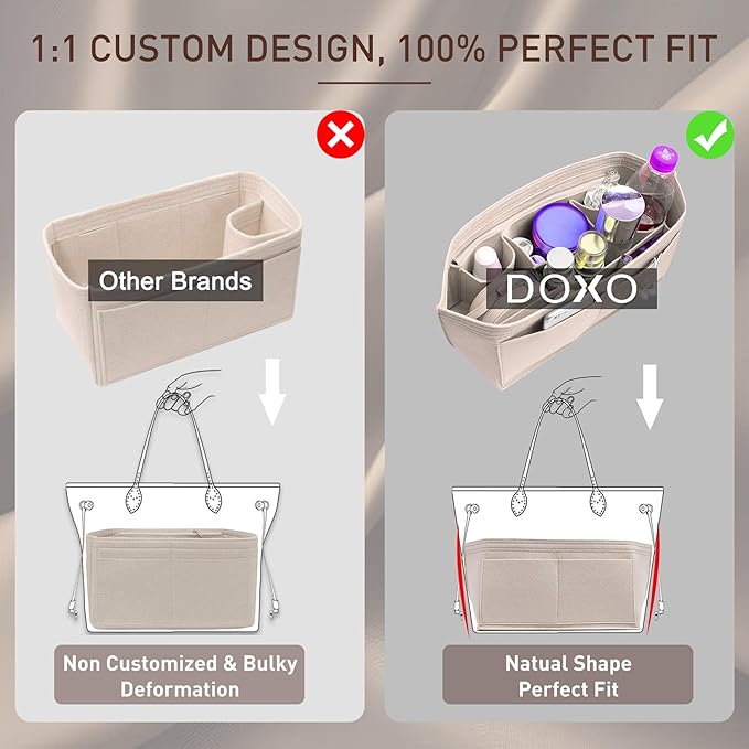 Doxo Purse Organizer Insert Handbag Tote Felt Bag Fit L Neverfull GM & Base Shaper 2pc Set(X-Large,Beige-Combination)