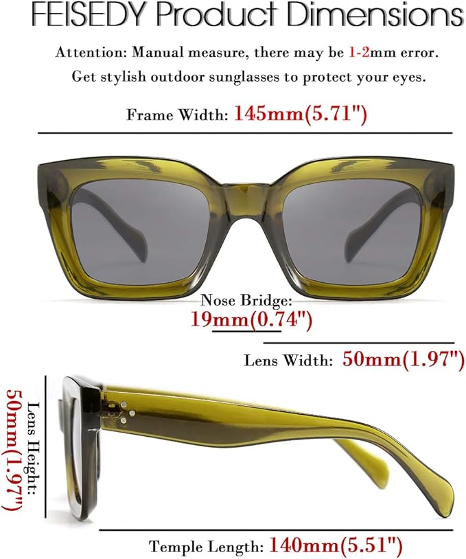 FEISEDY Classic Women Sunglasses Fashion Thick Square Sun Glasses Chunky Frame UV400 B2471