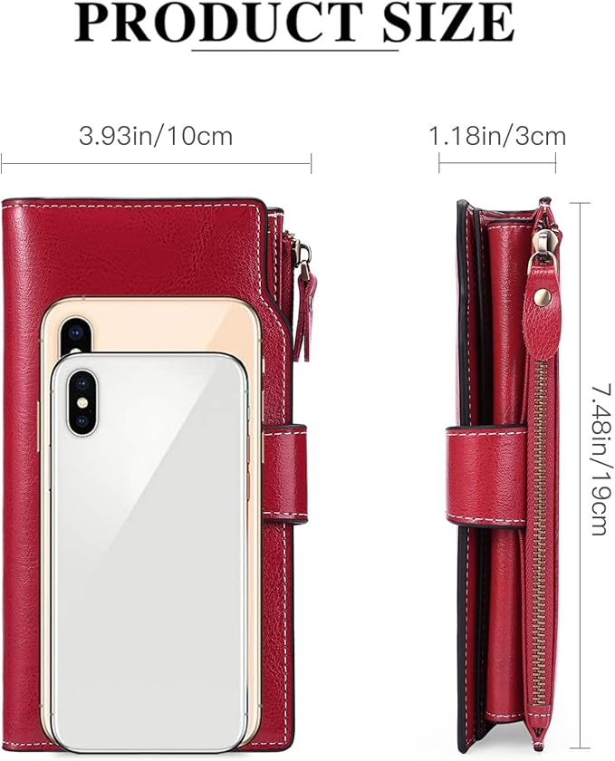 Women's Retro Long Wallet Genuine Leather RFID Blocking Large Capacity Clutch Purse in Brown (Dark Red)