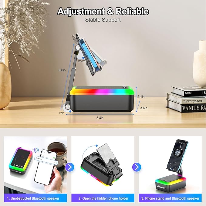 JTEMAN Gifts for Men Women, Cell Phone Stand with Bluetooth Speaker and Light, Portable Lanyard, Cool Tech Gifts for Dad Mom Husband, Unique Birthday Gift Ideas Black