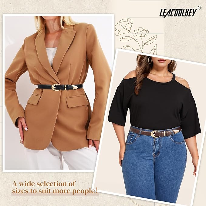 2 Pack Women Leather Belts for Jeans Dress Fashion Ladies Belt with Gold Silver Buckle