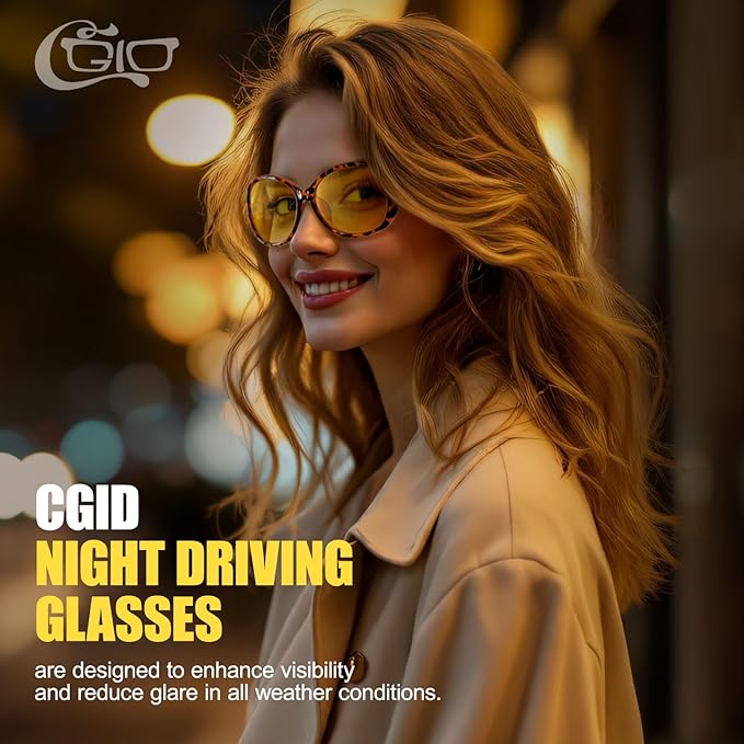 CGID Night Driving Glasses Women,Anti Glare Polarized Nighttime Vision Yellow Trendy Oversized Lens UV400,Floral