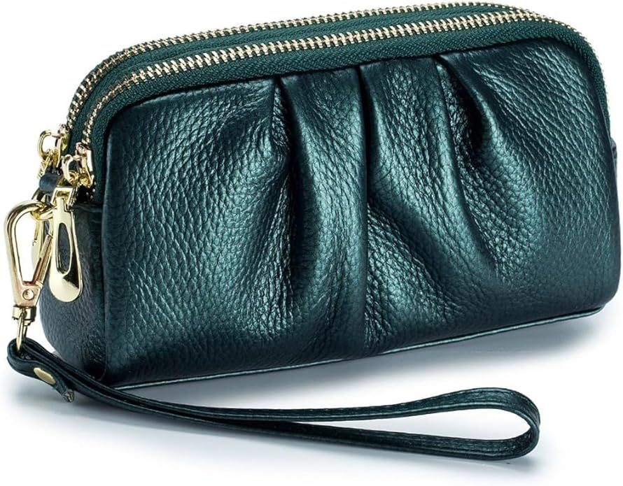 Genuine Leather Wristlet for Women, Ruched Clutch Wallet Purse, Compact Ladies Wristlet with Card Slots