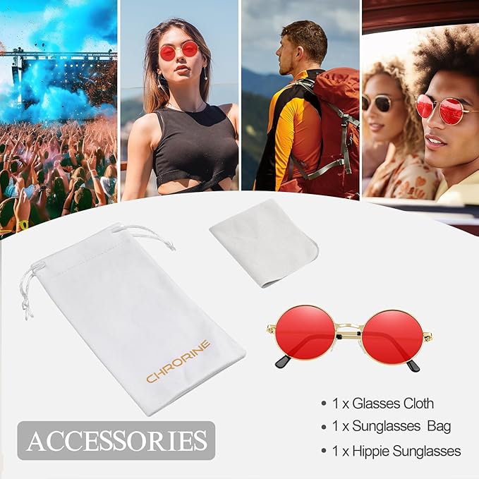 CHRORINE Hippie Sunglasses Round 70s Retro Glasses for Women Men Party Accessory Festival Fashion Vintage Sunglasses
