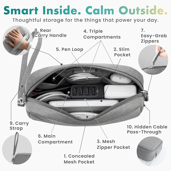 BELLEMOND「Totono+」| Cord Organizer Tech Pouch | Travel Electronics Organizer Case for Cables & Chargers | Hidden AirTag Slot & Cable Pass-Through | Designed in Japan | Charcoal Gray