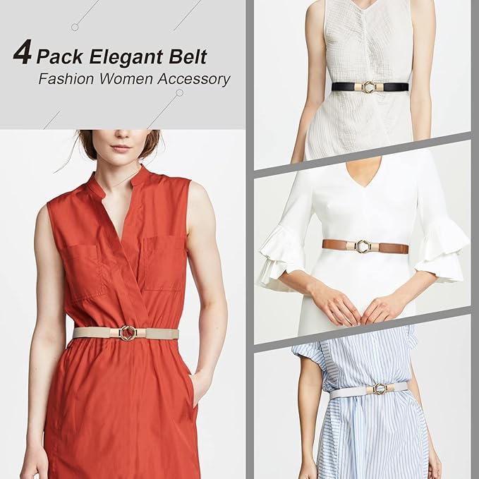 WERFORU Women Skinny Belt for Dresses Retro Stretch Waist Belt with Gold Buckle Set of 4
