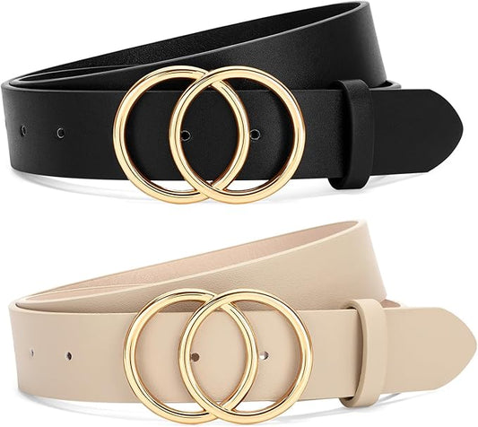 SANSTHS 2 Pack Women Leather Belts Faux Leather Jeans Belt with Double O Ring Buckle
