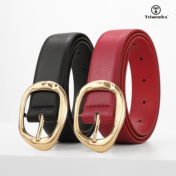 TRIWORKS 2 Pack Leather Belts for Women Fashion Waist Belt with Liquid Shapes Women Belt for Jeans Pants Dresses