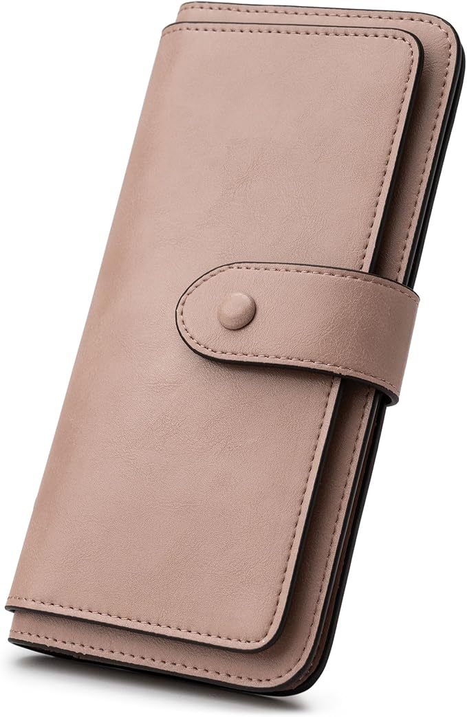 RFID Blocking Leather Wallet for Women, Slim Trifold with 14 Card Slots and Zipper Pocket (Dark Pink)
