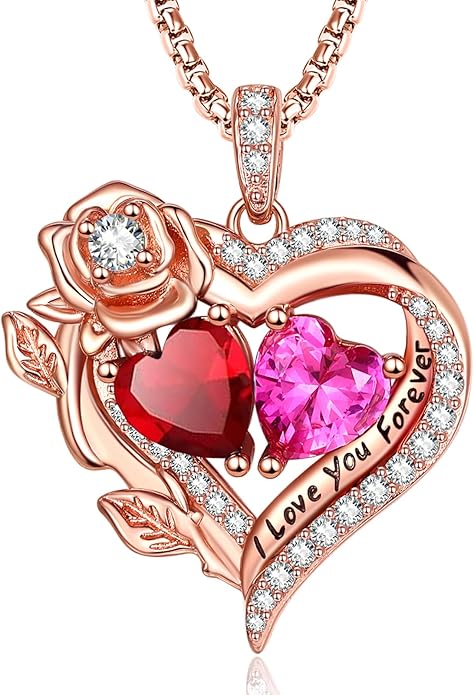Rose Heart Necklaces for Women, Rose Gold Forever Love Jewelry with 2 Birthstones Pendant, Christmas Anniversarry Birthday Gifts for Her Wife Mom Grandma, 18+2 Inch Chain