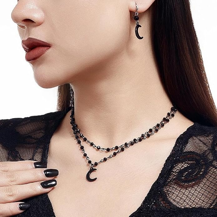 Vintage Black Beaded Choker Necklace Earring Set for Women,Gothic Dark Moon Statement Dangling Earring,Trendy Halloween Party Vampire Jewelry Accessories Gifts
