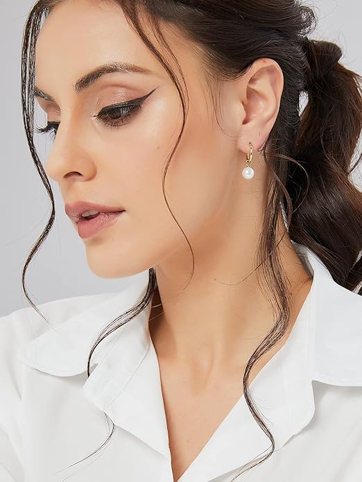 14K Gold/White Gold Plated Minimalist Pearl Hoop Earrings,Huggies Dangle Earrings Jewelry